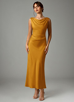 Azazie Kieryn Abiti da Damigella Abito Sirena in Raso Elasticizzato Plissettato Caramello image1