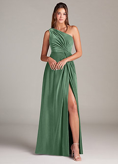 Azazie Brooke Bridesmaid Dresses Eucalyptus A-Line One Shoulder Velvet Dress image4