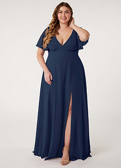 Azazie Kimber Bridesmaid Dresses Dark Navy A-Line Flounce Sleeve Chiffon Dress image9