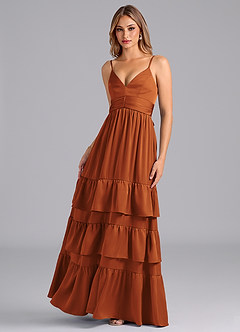 Azazie Nathalia Bridesmaid Dresses Cinnamon A-Line Pleated Stretch Satin Dress image5