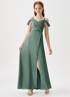 Azazie Ocean Junior Eucalyptus A-Line Off the Shoulder Stretch Satin Dress image6