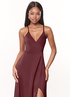 Azazie Maksim Bridesmaid Dresses Sangria A-Line V-Neck Stretch Satin Dress image5
