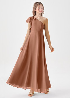 Azazie Arabella Junior Abito A-Line in Chiffon Increspato Bronzo image4