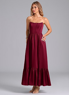 Azazie Leilana Bridesmaid Dresses Burgundy A-Line Corset Stretch Satin Dress image5