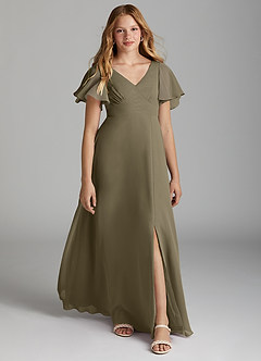 Azazie Kimber Junior Willow Green A-Line Pleated Chiffon Dress image1