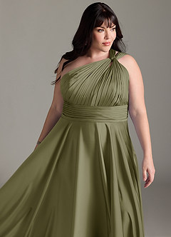 Azazie Charlize Robes de demoiselle d'honneur Robe Trapèze en Satin extensible Ue épaule Pistache image15
