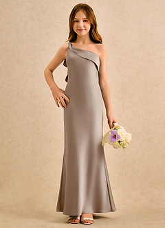 Azazie Almond Girls Formal Jurken voor bloemenmeisjes Kokerjurk Jurk van Stretch Satijn One-shoulder Taupe image4