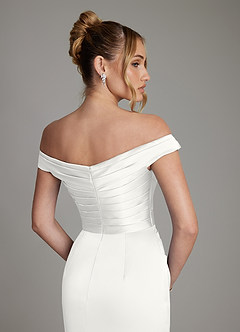 Azazie Teyana Bridesmaid Dresses White Sheath Off the Shoulder Stretch Satin Dress image8