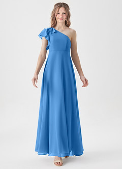 Azazie Arabella Junior Vestido de Azul Grisaceo de Gasa de Corte En A con Volante image5