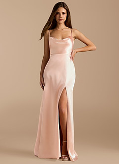 Azazie Erma Bridesmaid Dresses Rose Gold A-Line Side Slit Metallic Satin Dress image1