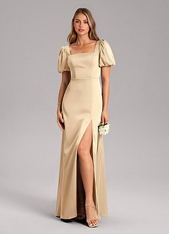 Azazie Fyona Bridesmaid Dresses Champagne A-Line Pleated Stretch Satin Dress image3