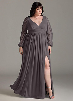 Azazie Norah Bridesmaid Dresses Steel Grey A-Line V-Neck Long Sleeve Chiffon Dress image9