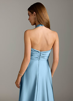 Azazie Tessie Bridesmaid Dresses Steel Blue A-Line Pleated Stretch Satin Dress image7