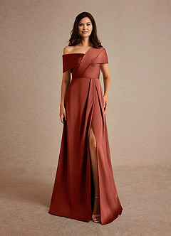 Azazie Milton Mother of the Bride Dresses Terracotta A-Line Pleated Stretch Satin Dress image7