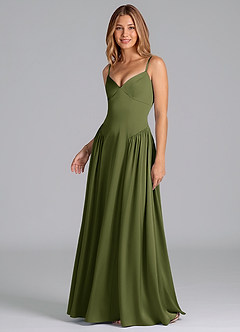 Azazie Kirby Venta Final Vestido de Oliva de Satén Elástico de Corte en A image4