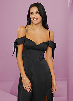 Barbie ♥ Azazie Vestidos de damas de honor Vestido de Negro de Satén Elástico de Corte en A con Vestidos sin tirantes image5