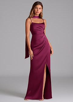 Azazie Calandra Robes de demoiselle d'honneur Robe Fourreau en Satin extensible Plissé Prune Rouge image2
