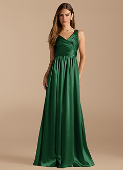 Azazie Keyla Bridesmaid Dresses Dark Green A-Line Pleated Metallic Satin Dress image1