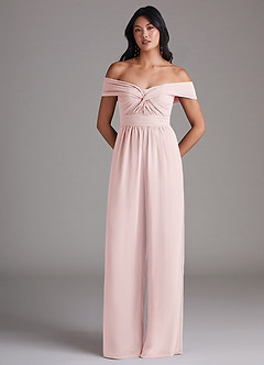Azazie Lamara Bridesmaid Dresses Blushing Pink Off the Shoulder Chiffon Convertible Jumpsuit image3