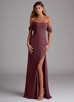 Azazie Saige Jurken voor bruidsmeisjes Converteerbaar Jurk van Chiffon met A-Lijn Off the Shoulder Sangria image1