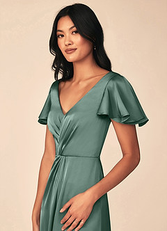 Azazie Soren Bridesmaid Dresses Eucalyptus A-Line Pleated Stretch Satin Dress image7
