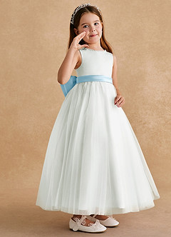 Azazie Cookie Flower Girl Dresses Ivory Sky Blue A-Line Bow Tulle Dress image2