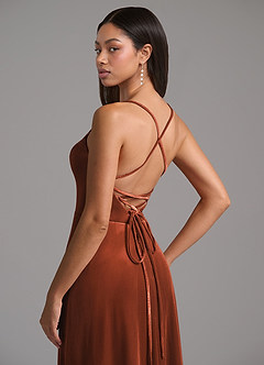 Azazie Mei Bridesmaid Dresses Terracotta A-Line Corset Velvet Dress image2