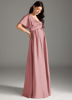 Azazie Verna Maternity Bridesmaid Dresses A-Line Ruched Stretch Satin Floor-Length Dress image6