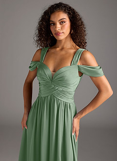 Azazie Lianne Robes de demoiselle d'honneur Robe Trapèze en Satin extensible Épaule décolletée Matcha image3