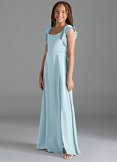 Azazie Bondi Junior Cloud Blue A-Line Side Slit Stretch Satin Dress image4