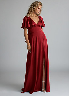 Azazie Kimber Bridesmaid Dresses Scarlet A-Line Ruched Stretch Satin Dress image4