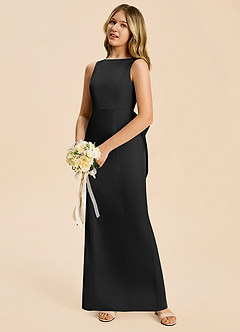 Azazie Emi Junior Vestido Negro de Satén Elástico de Corte Recto con Lazo image2