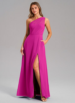 Azazie Phaedra Bridesmaid Dresses Fuchsia A-Line One Shoulder Chiffon Dress image1
