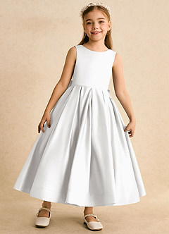 Azazie Cailee Flower Girl Dresses White Ball-Gown Pleated Matte Satin Dress image5