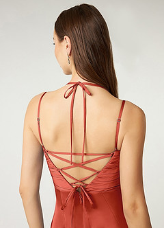 Azazie Desi Bridesmaid Dresses Rust Sheath Halter Corset Stretch Satin Dress image3