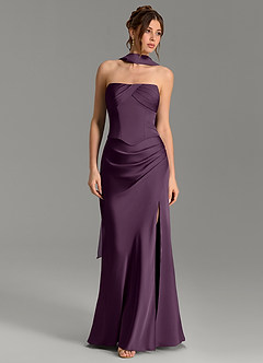 Azazie Nicki Bridesmaid Dresses Plum Sheath Corset Stretch Satin Dress image1