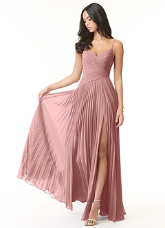 Azazie Vini Robes de demoiselle d'honneur Robe Trapèze en Mousseline de soie Col V plissé Rose Poussiéreuse image1