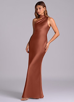 Azazie Seona Robes de demoiselle d'honneur Robe Sirène en Satin extensible Une épaule Auburn image6