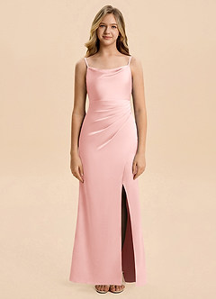 Azazie Christen Junior Powder Pink Sheath Pleated Stretch Satin Dress image4