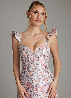 Azazie Adalynn At-home Try On Dresses Gilded Rose A-Line Ruched Brocade Dress image9