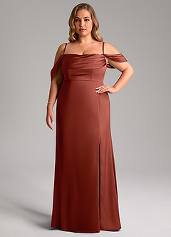 Azazie Saige Bridesmaid Dresses Terracotta Sheath Off the Shoulder Stretch Satin Dress image15