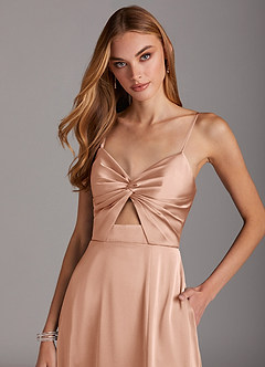 Azazie Jenna Bridesmaid Dresses Rose Gold A-Line Pleated Stretch Satin Dress image5