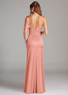 Azazie Wynter Bridesmaid Dresses Coral Sheath Off the Shoulder Stretch Satin Dress image2