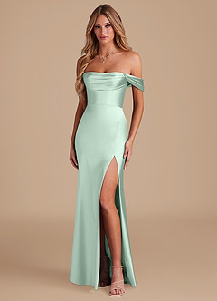 Azazie Saige Bridesmaid Dresses Agave A-Line Off the Shoulder Metallic Satin Convertible Dress image1