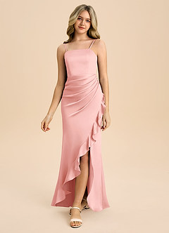 Azazie Buzzy Junior Powder Pink Sheath Pleated Stretch Satin Dress image5