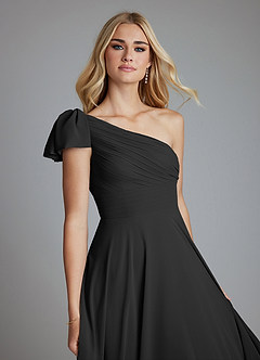 Azazie Elinora Bridesmaid Dresses Black A-Line One Shoulder Chiffon Dress image2