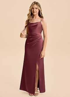 Azazie Christen Junior Merlot Sheath Pleated Stretch Satin Dress image1