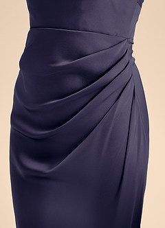 Azazie Renna Junior Robe Trapèze en Satin extensible Plissée Bleu Orageux image7
