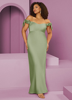 Barbie ♥ Azazie Jurken voor bruidsmeisjes Converteerbaar Jurk van Stretch Satijn met Kolom Off the Shoulder Stoffige Salie image8