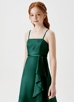 Azazie Kaylee Junior Robe Trapèze en Satiné métallisé avec ceinture Vert Pin image6